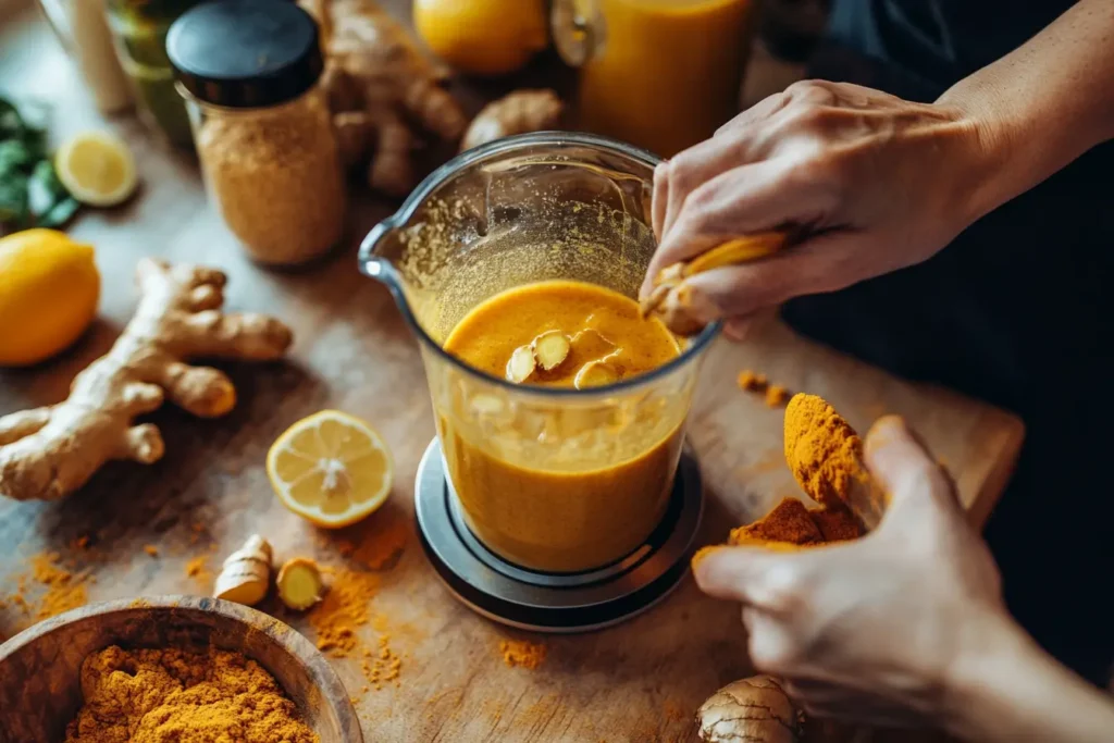 Preparing turmeric ginger shot with fresh ingredients	