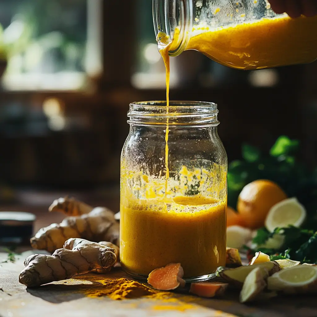 Blender filled with chopped turmeric, ginger, lemon juice, and honey on a kitchen counter