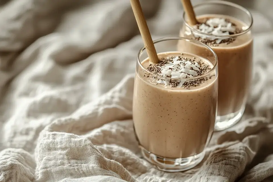 Red bean smoothies with toppings served in glass jars with bamboo straws
