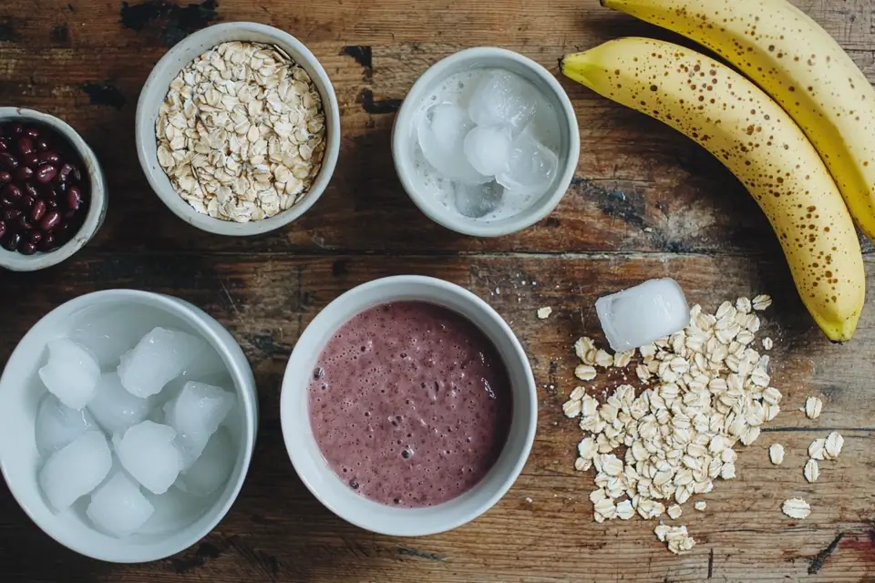 Ingredients for red bean smoothie laid out on a wooden counter