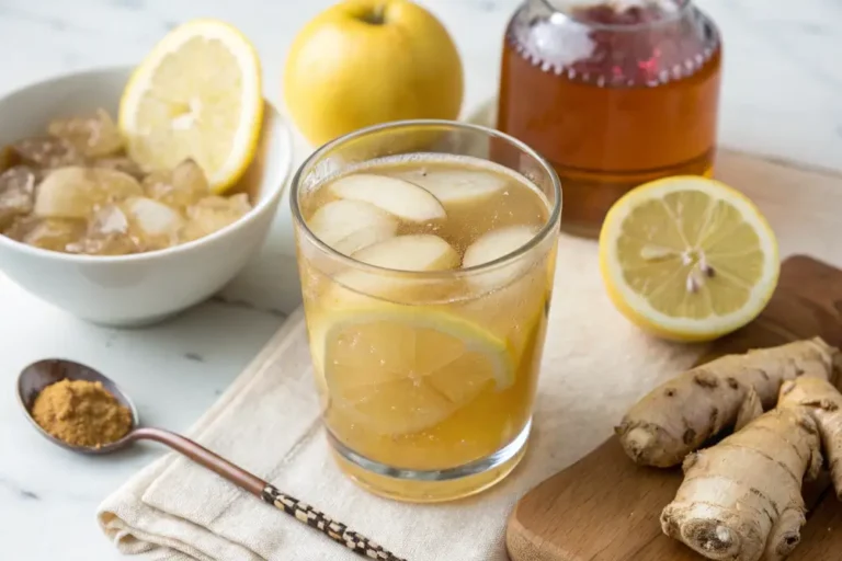Glass of 3 ingredient Mounjaro wellness drink with fresh lemon, ginger, and apple cider vinegar, garnished with lemon slice and ginger on a bright kitchen counter.