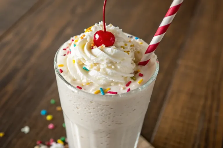 Tall glass of vanilla milkshake topped with whipped cream, colorful sprinkles, and a cherry, with a striped straw