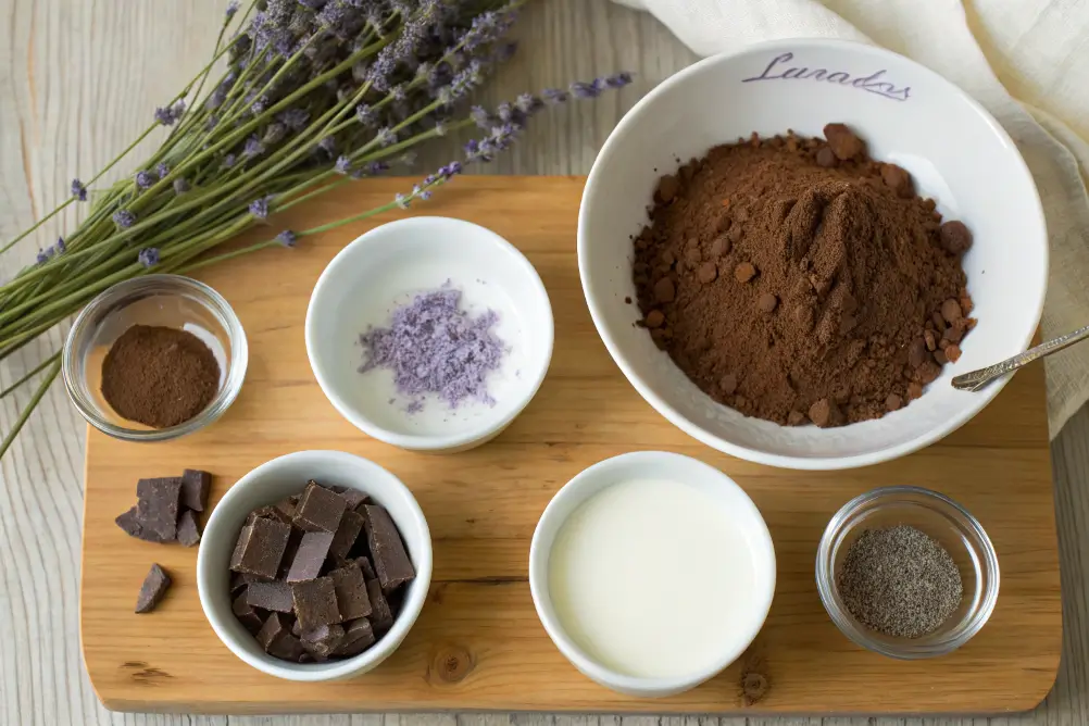 Flat lay of lavender hot chocolate ingredients