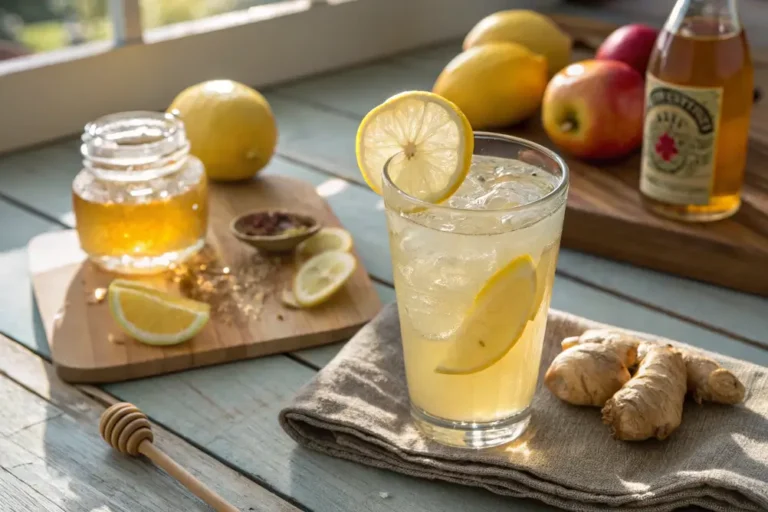 A clear glass of natural mounjaro weight loss drink made with apple cider vinegar, lemon, ginger, and honey, garnished with a lemon slice and fresh ginger on a rustic wooden table.