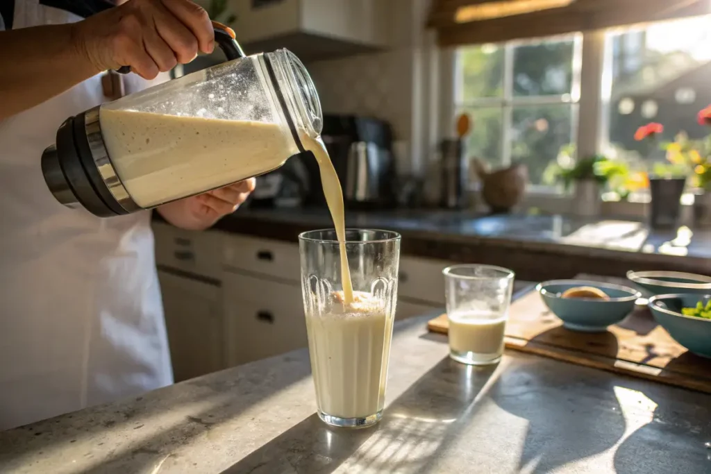 Pouring vanilla milkshake into glass with kitchen background
