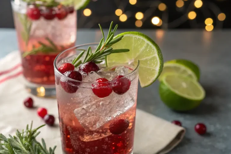 Deep-red cranberry and Sprite mocktail bubbling in an ice-filled highball glass, garnished with rosemary, lime wheel, and fresh cranberries.