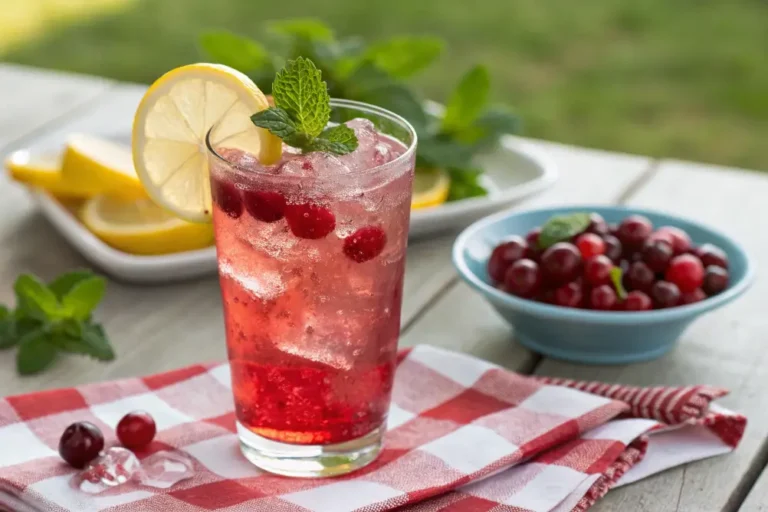 Ruby-red cranberry lemon mocktail bubbling in an ice-filled highball glass, garnished with a lemon wheel, fresh cranberries, and mint.