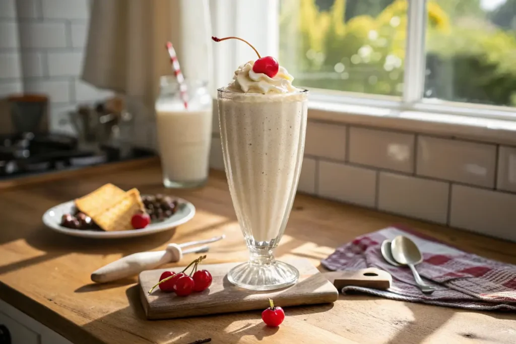 Vanilla milkshake on kitchen table with natural light