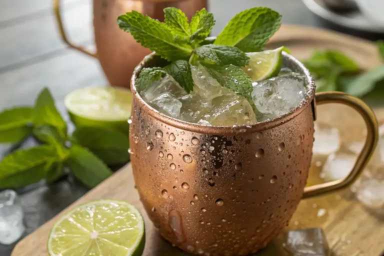 Frosty copper mug filled with ice, non-alcoholic ginger beer, fresh mint sprig, and lime wedge on a sunny table.