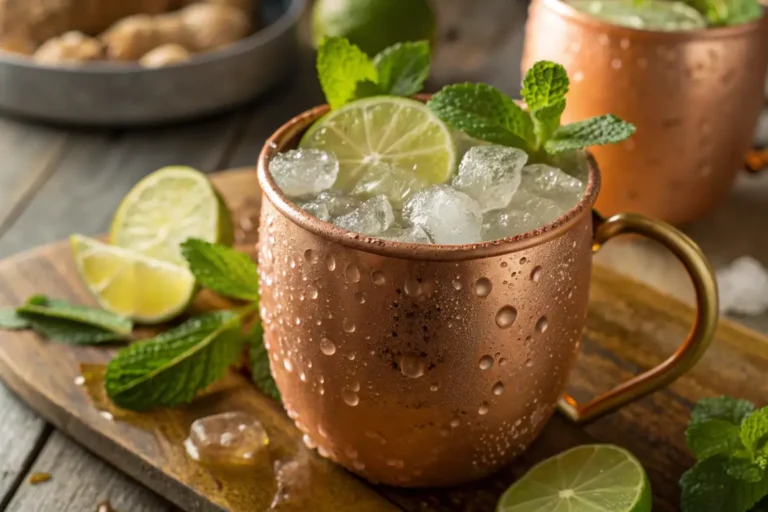Frosty Moscow Mule mocktail in a copper mug with ice, fresh mint, and lime wedge garnish on a rustic wooden table.