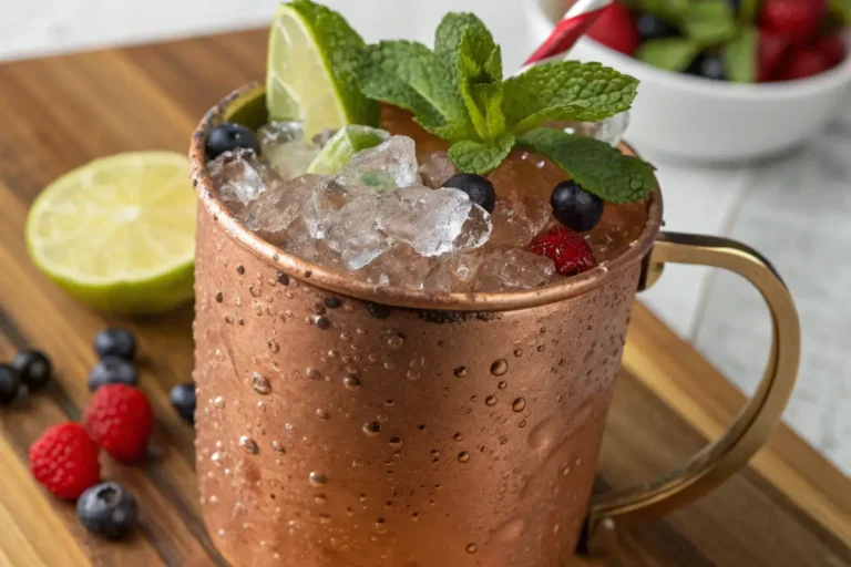 Frosty copper mug filled with ice, non-alcoholic ginger beer, lime wedge, and mint sprig, perfect for a refreshing mocktail mule.