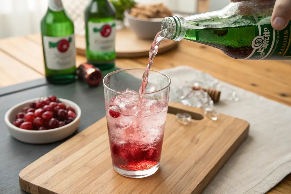 Sprite being poured into cranberry juice over ice	