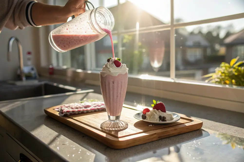 Pouring homemade strawberry milkshake into a tall glass with whipped cream topping.