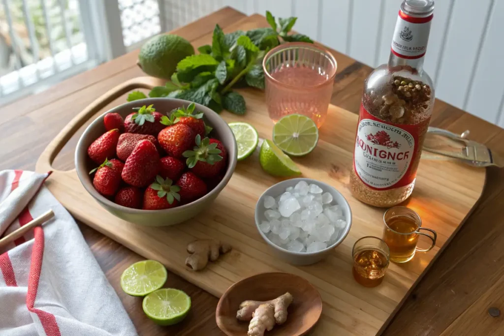 Ingredients for making strawberry Moscow mule cocktail