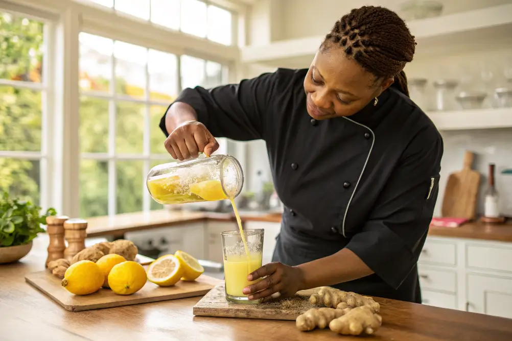 Chef adding lemon and ginger to glass for mounjaro drink