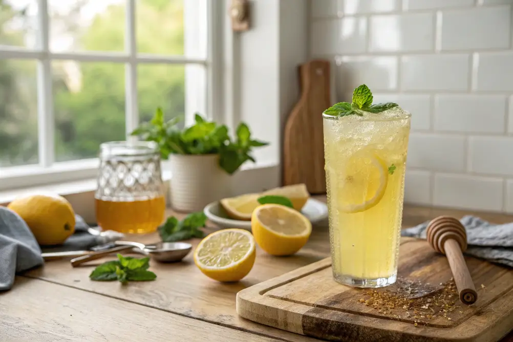 Finished natural mounjaro weight loss drink in glass on a wood table