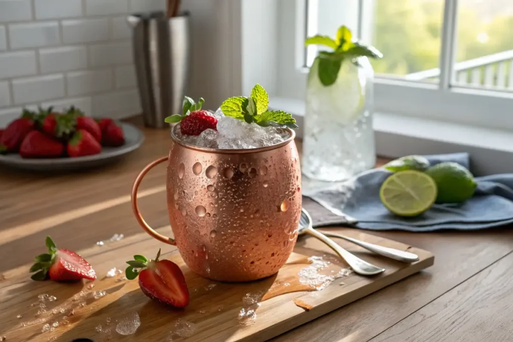 Strawberry Moscow mule in copper mug with fresh fruit garnish