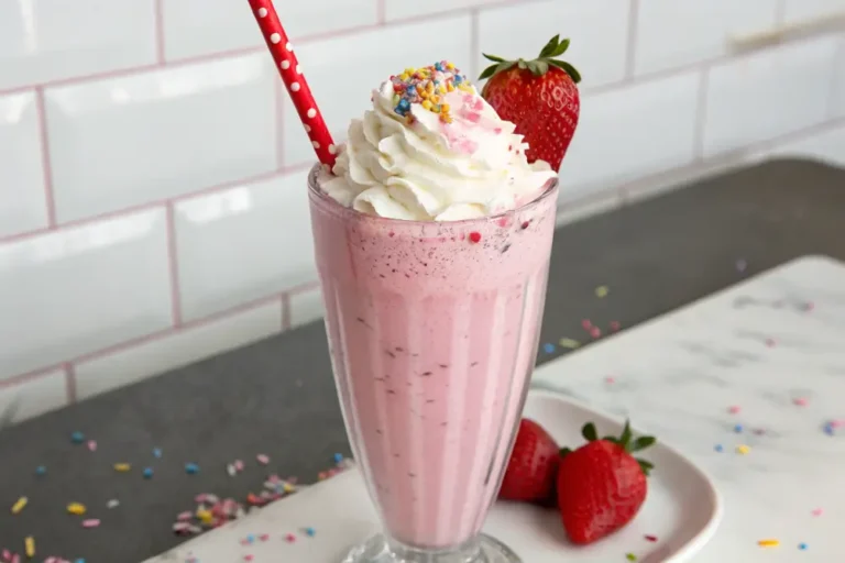 Tall glass of pink strawberry milkshake topped with whipped cream and a fresh strawberry, with a straw and sprinkles on top