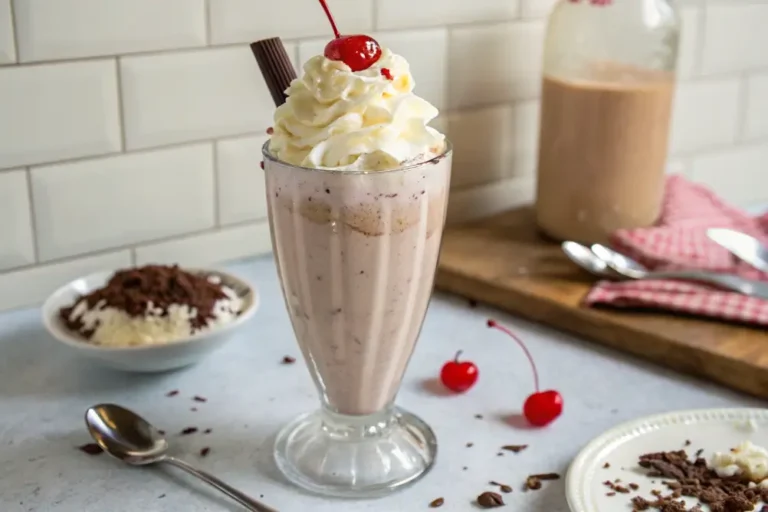 Glass of creamy ice cream milkshake topped with whipped cream, rainbow sprinkles, and a cherry with a striped straw