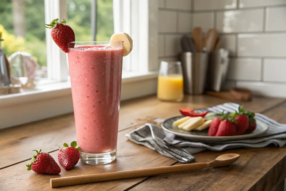 Jetty punch smoothie in a glass with strawberry and banana garnish, natural kitchen setting
