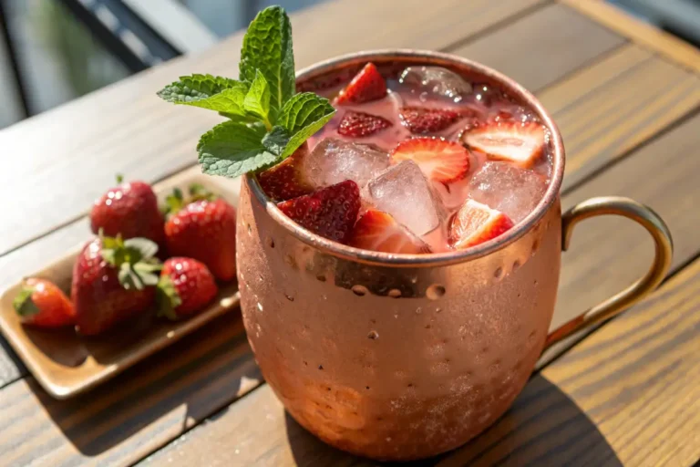 Refreshing strawberry Moscow Mule cocktail in a copper mug with ice, fresh mint, and sliced strawberries garnish.