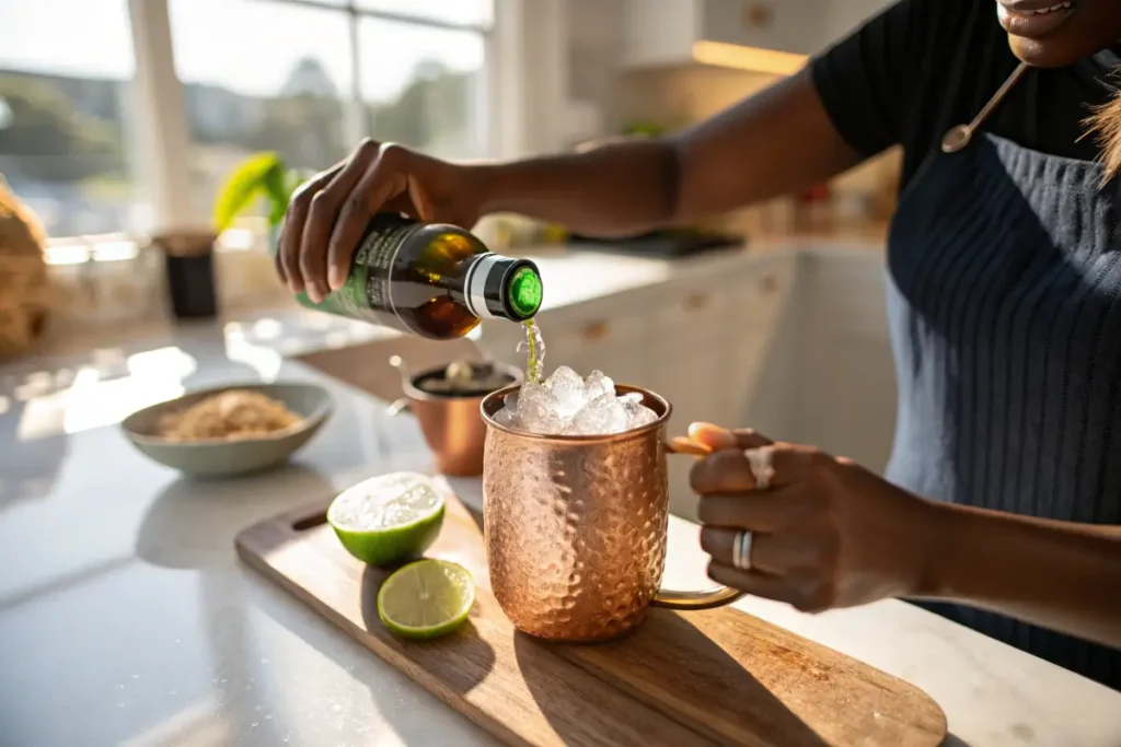 Chef pouring ginger beer into a copper mug for mock Moscow mule