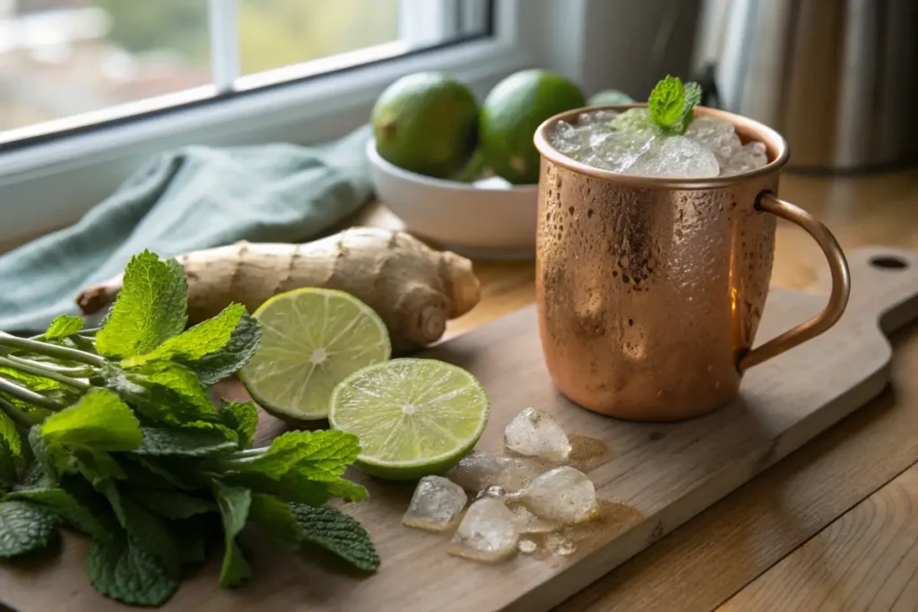 Mock Moscow mule ingredients—ginger beer, lime, mint, ice, copper mug