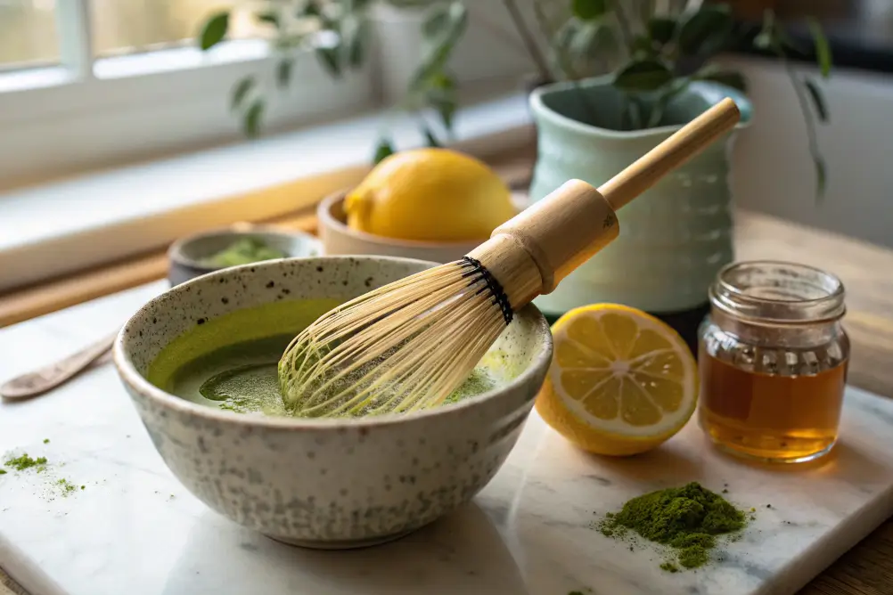 Bamboo whisk blending matcha in a bowl
