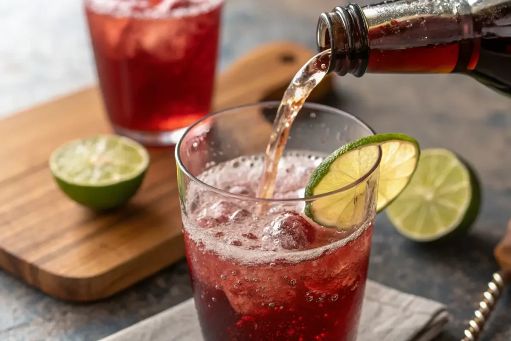 Ginger beer being poured into cranberry mocktail	