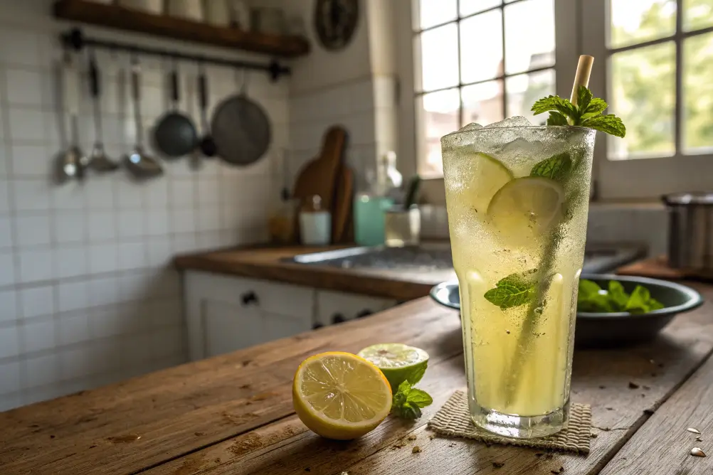 Brazilian Mounjaro drink on kitchen table with lemon and mint garnish