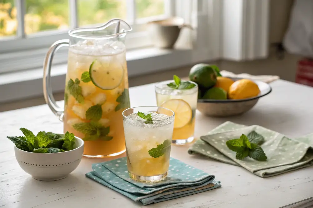 Brazilian Mounjaro drink served over ice with lemon and mint in pitcher