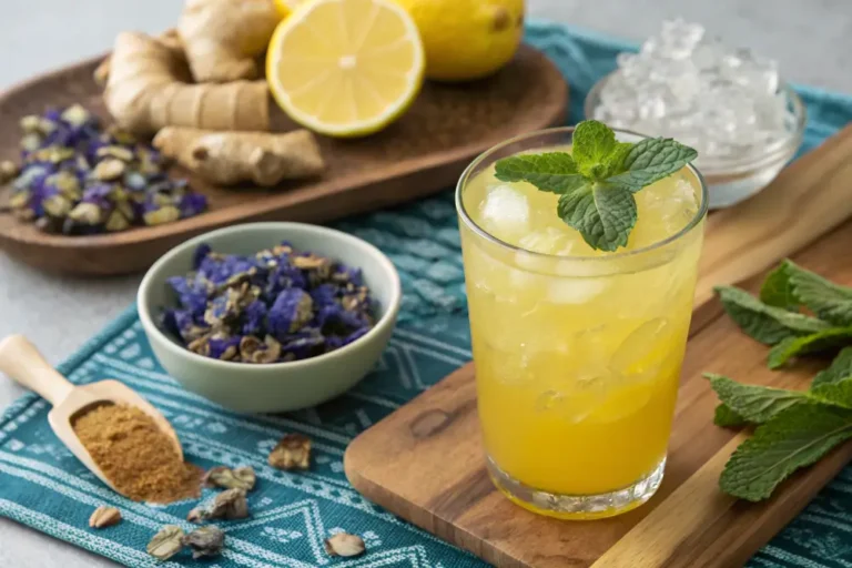 Vibrant Brazilian Mounjaro wellness drink in a clear glass with ombré purple hues, garnished with mint and lemon on a sunny breakfast table.