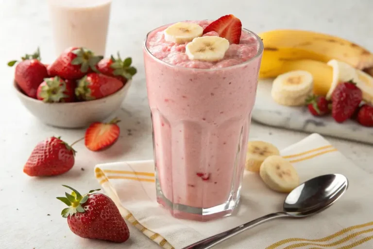 Glass of bright pink jetty punch smoothie garnished with a fresh strawberry and straw, surrounded by strawberries and banana slices on a sunny kitchen counter.