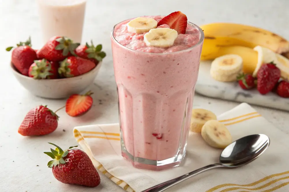 Glass of bright pink jetty punch smoothie garnished with a fresh strawberry and straw, surrounded by strawberries and banana slices on a sunny kitchen counter.