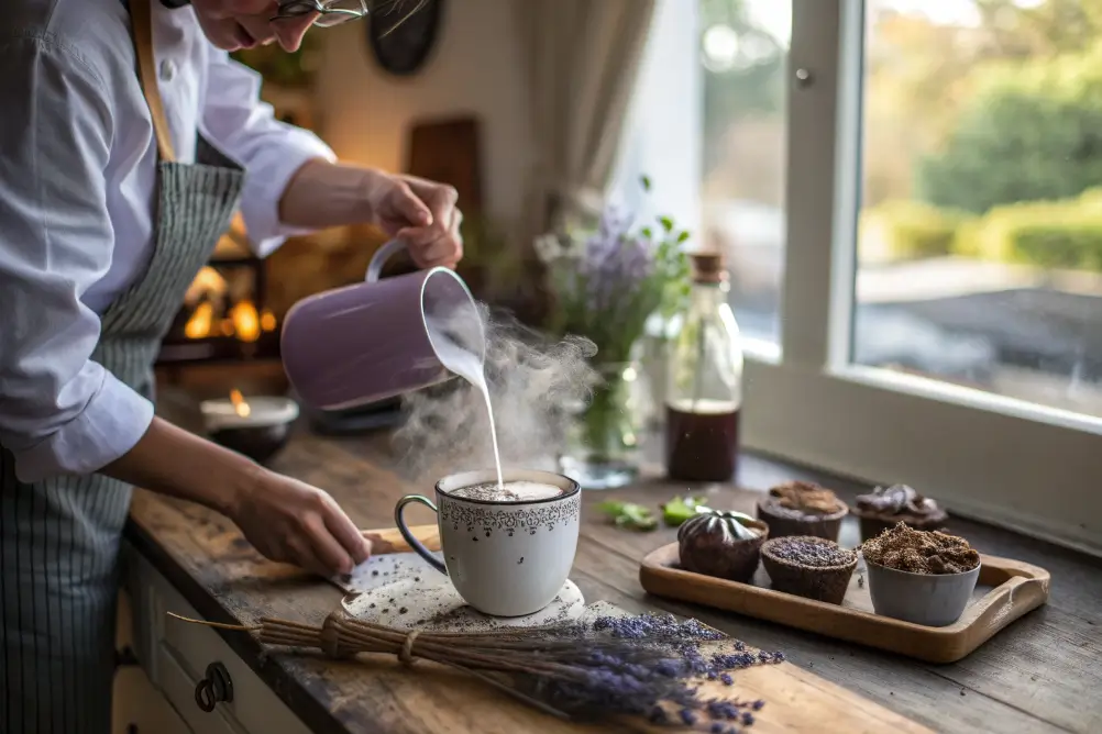 Pouring lavender milk into hot chocolate in a kitchen