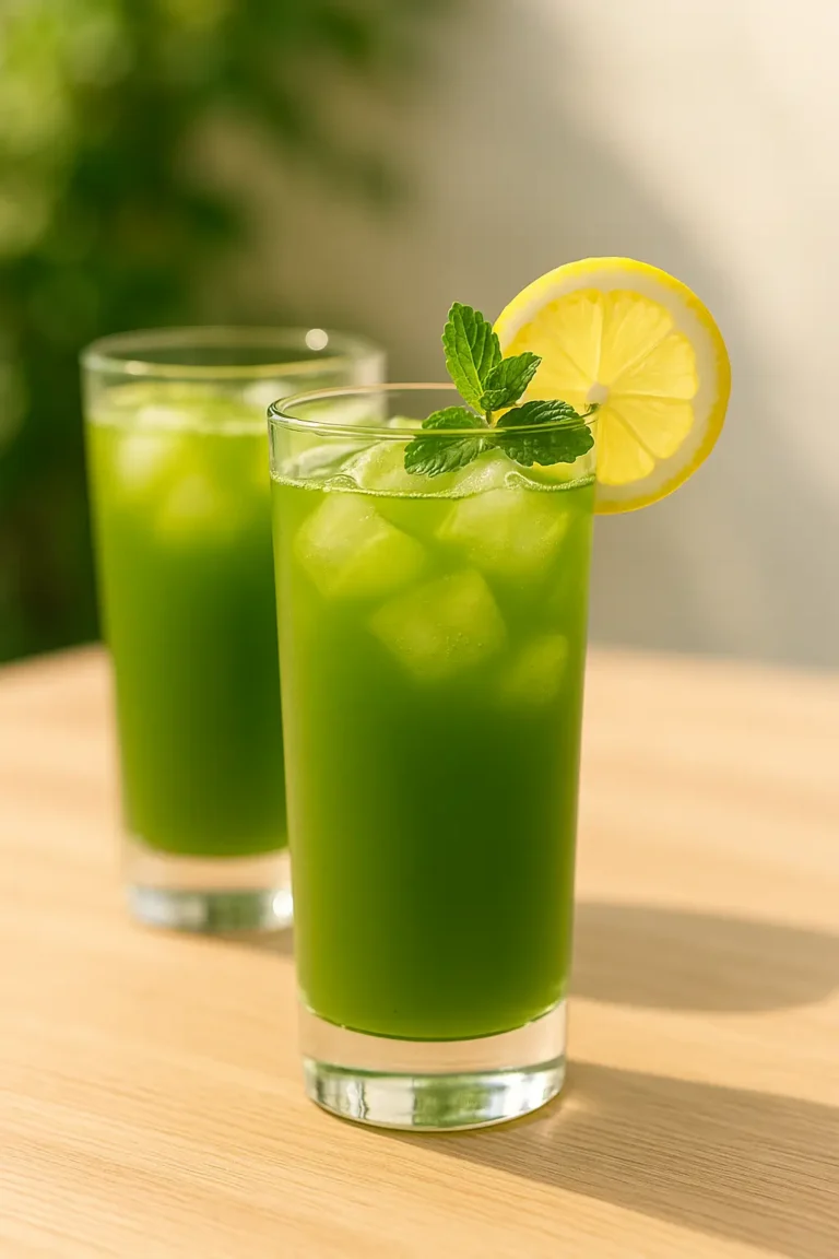 Matcha Lemonade in Tall Glasses with Lemon and Mint Garnish