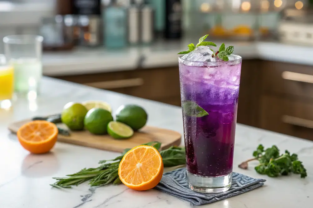 Brazilian Mounjaro color-changing drink with butterfly pea tea