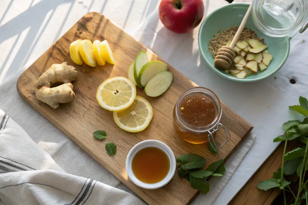 Flat lay of ingredients for natural Mounjaro drink