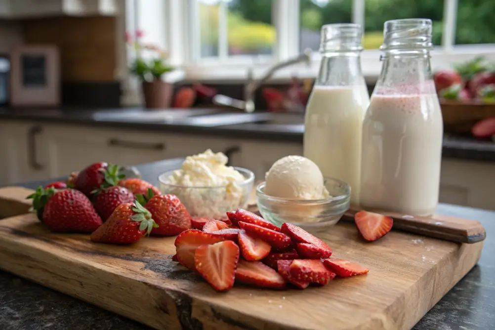 Fresh strawberries, vanilla ice cream, and milk arranged for making a strawberry milkshake.