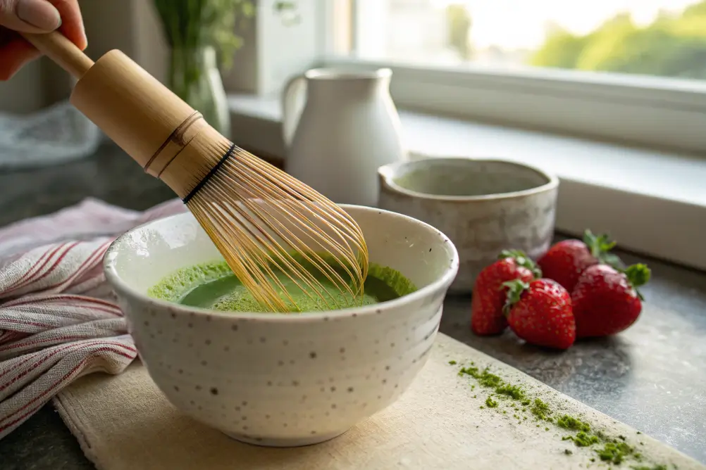 Whisking vibrant green matcha in a bowl

