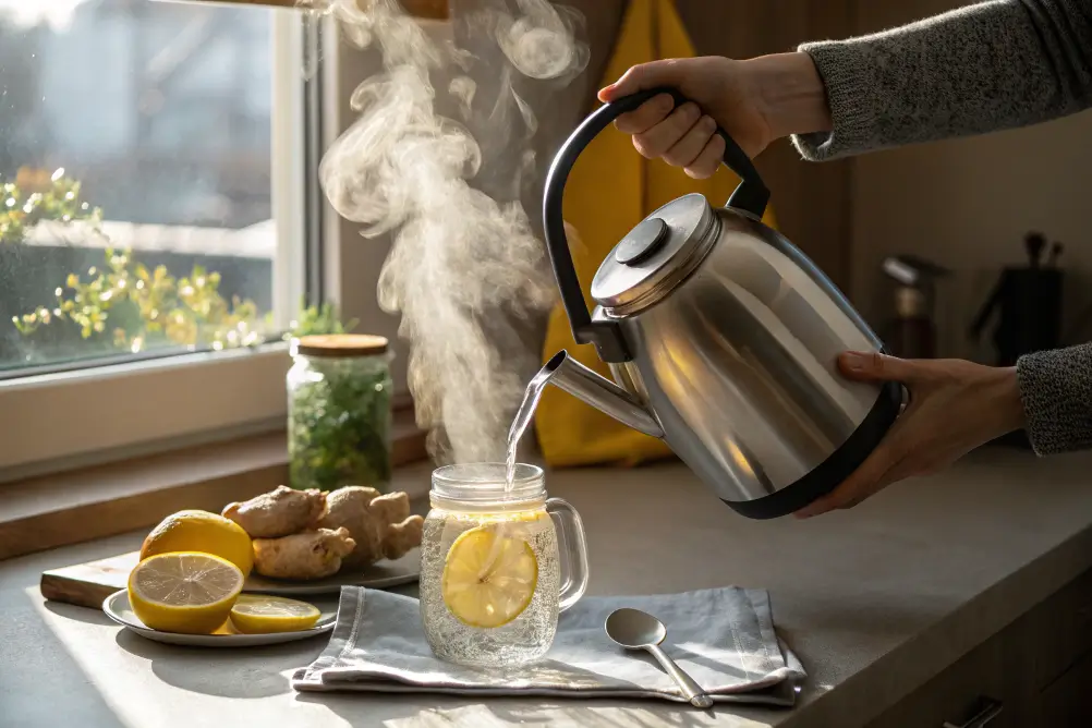 Preparing mounjaro recipe by pouring warm water into lemon-ginger mix