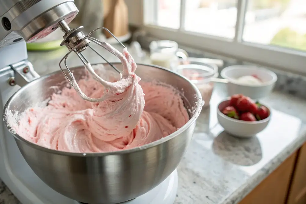 Whipping strawberry fluff to stiff peaks in stand mixer