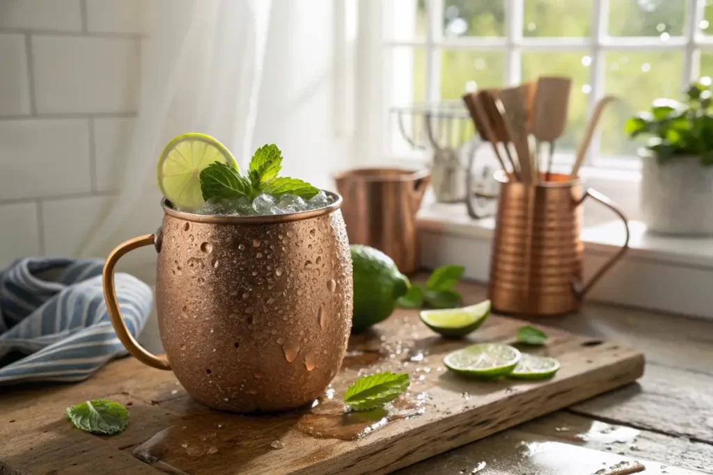 Mock Moscow mule in copper mug with lime and mint on wood kitchen table