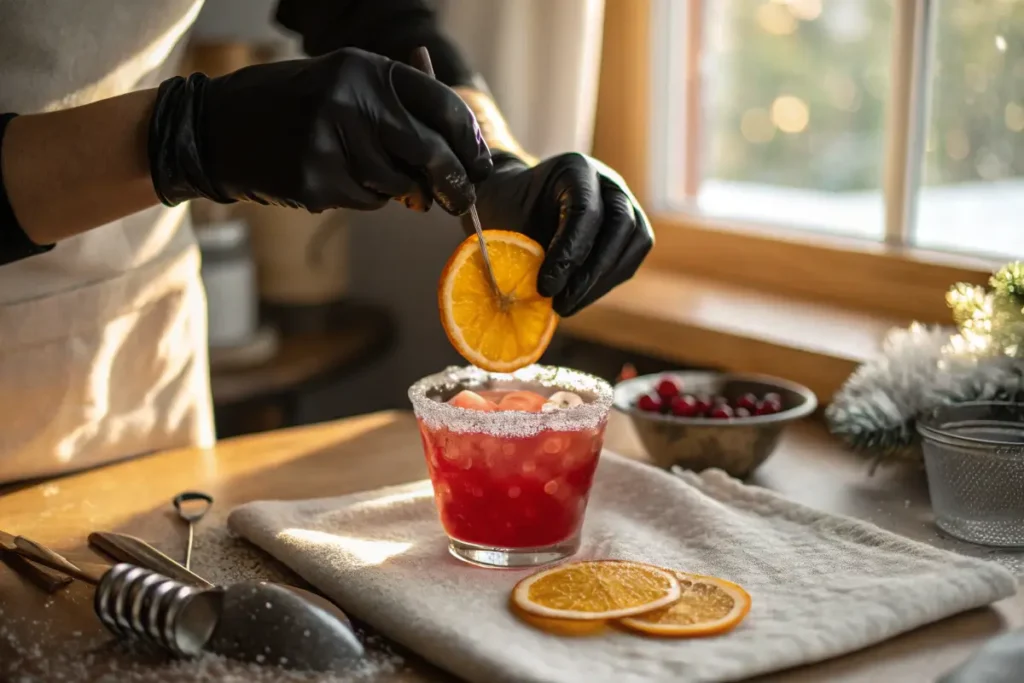 Chef Ana Armas sugaring a glass rim for cranberry orange mocktail	