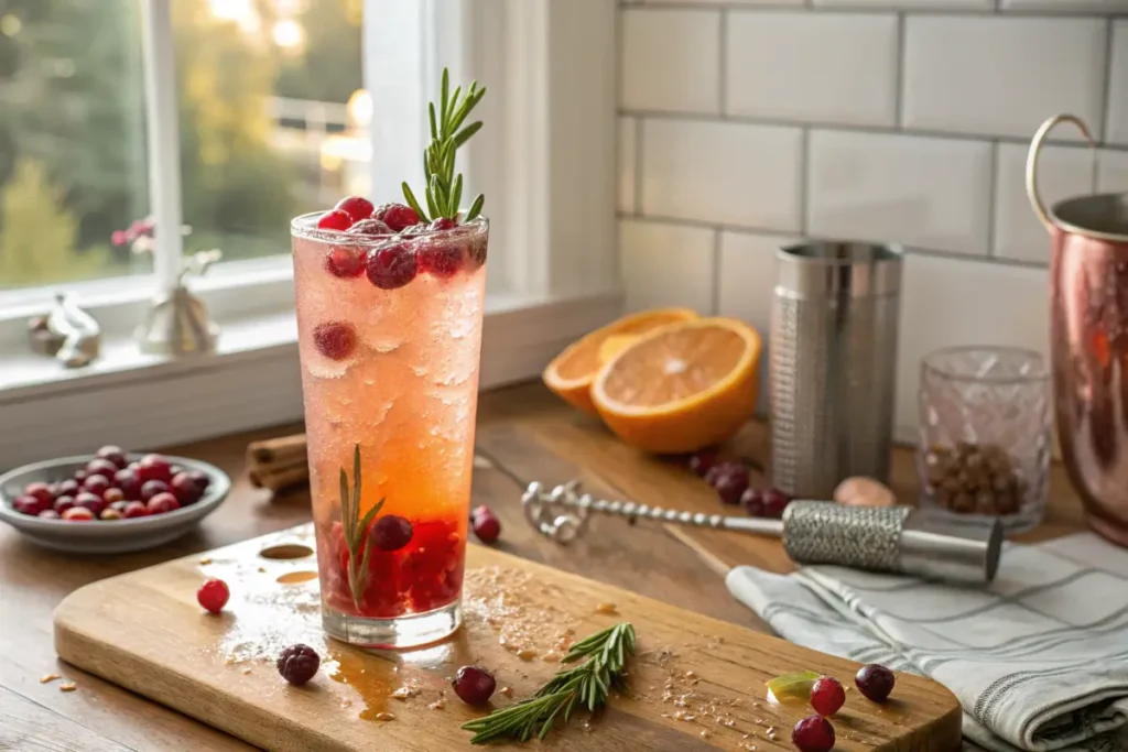 Sparkling cranberry orange mocktail in a glass with garnish	