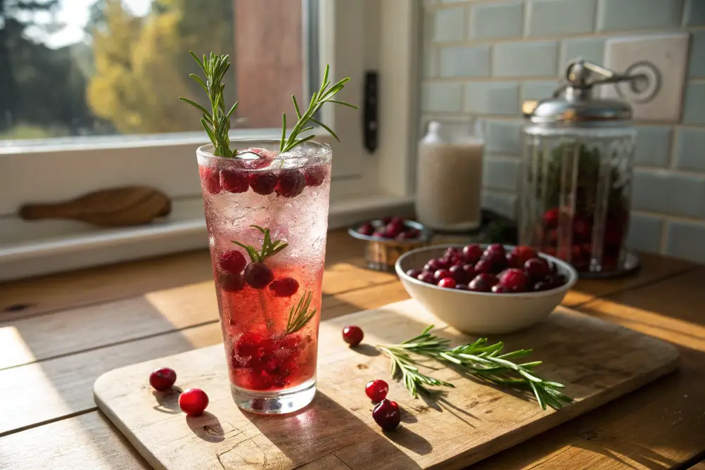 Cranberry and Sprite mocktail on a wood table near kitchen window	
