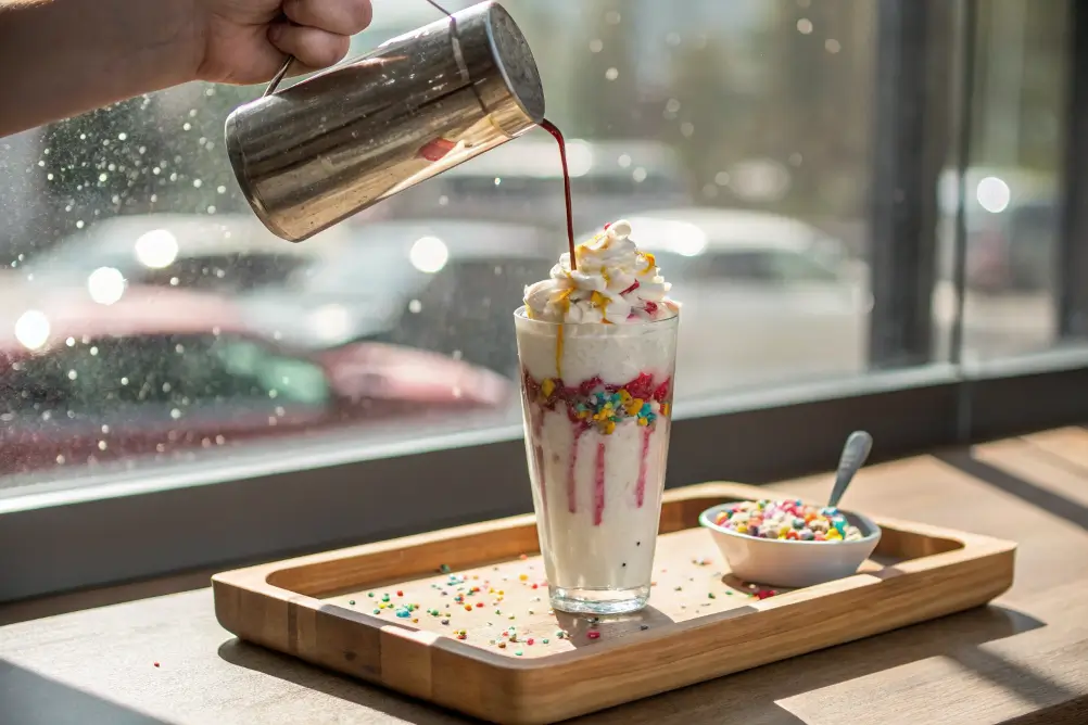 Pouring ice cream milkshake into a glass, topped with whipped cream and sprinkles, sunny kitchen window background.