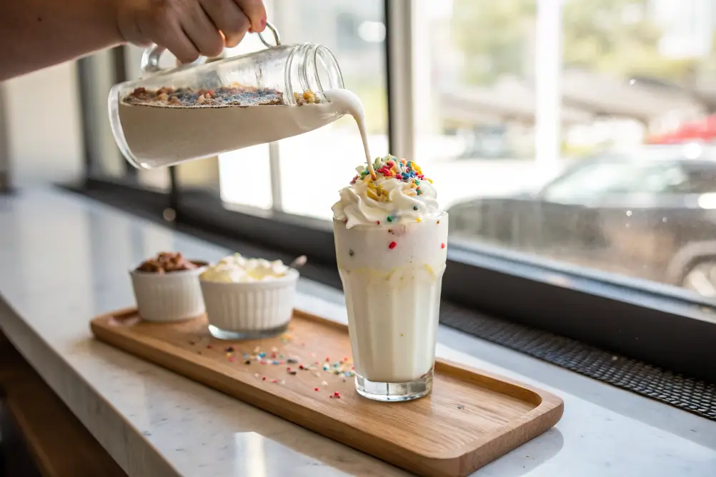 Pouring vanilla milkshake into a glass, topped with whipped cream and sprinkles, kitchen window background.