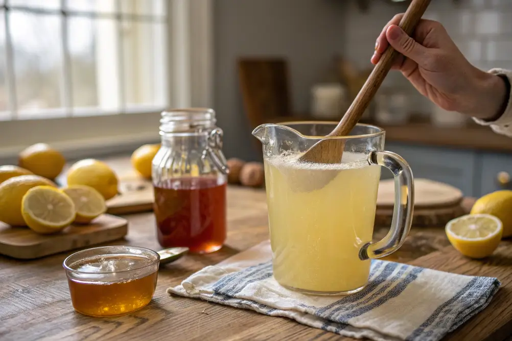 Stirring maple lemonade in pitcher with wooden spoon and lemon pulp