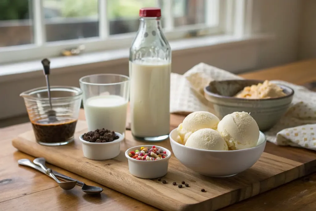 Vanilla milkshake ingredients on wooden kitchen counter